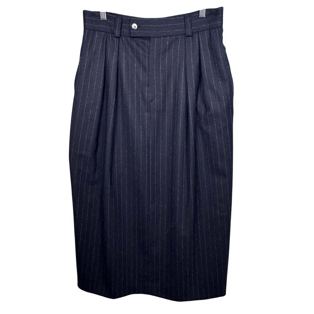 VTG Barry Bricken 16 Skirt Navy Pinstripe 100% Wool Pleated Midi Classic Preppy